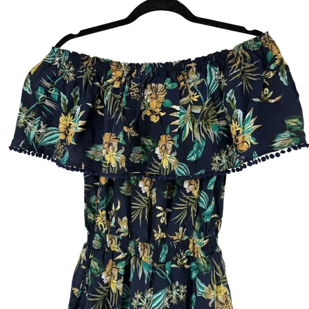 Plumberry Romper Off The Shoulder Ruffle Size L Blue Tropical Floral Beach Wear